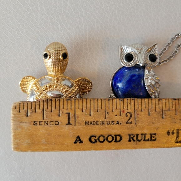 Turtle Brooch & Owl Pendant ~ Silver & Gold Tones ~ Blue Stone ~ Nice! - Picture 10 of 15